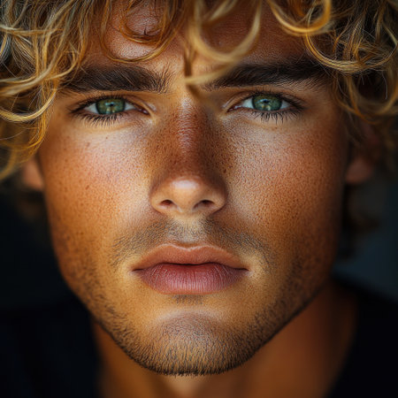 Young man with curly blonde hair and vivid green eyes gazes thoughtfully at the viewer.の素材