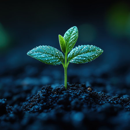 A small green plant grows peacefully in rich dark soil, glistening with morning dew.の素材