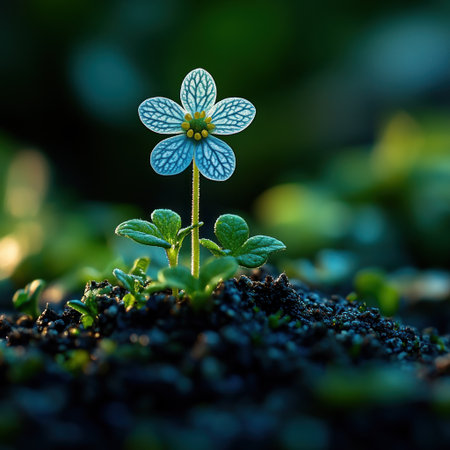 A single blue flower opens up in gentle sunlight, surrounded by vibrant green plants.の素材