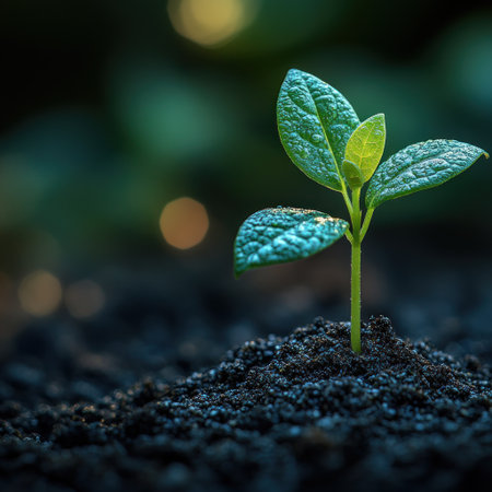 Small green sprout grows from dark soil, bathed in soft sunlight with a serene background.の素材