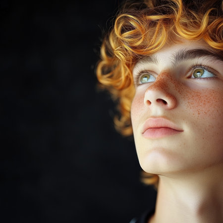 A young boy with curly orange hair gazes up, his green eyes full of wonder.の素材