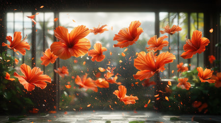 Orange hibiscus flowers bask in sunlight, creating a magical indoor atmosphere.の素材