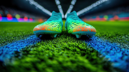 Colorful soccer cleats await on the field, ready for an exciting game.の素材