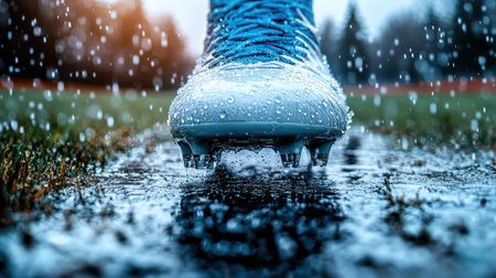 Rain splashes off a soccer cleat as it stands on a waterlogged field at dusk.の素材