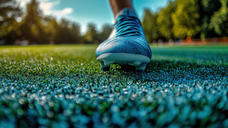 A player gets ready to kick the ball on a sunlit soccer field with vibrant green grass.の素材