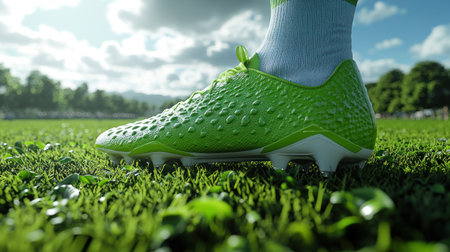 A green soccer cleat sits on a grassy field under a sunny sky, ready to play.の素材