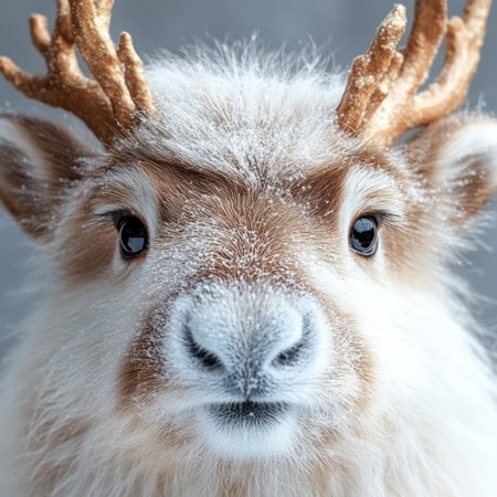 Reindeer with soft, snowy fur looks curiously at the viewer, embodying winter magic.の素材