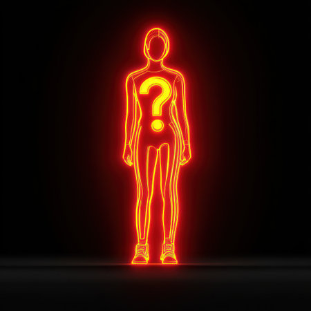 A neon orange figure stands in darkness, sparkling curiosity and intrigue.の素材