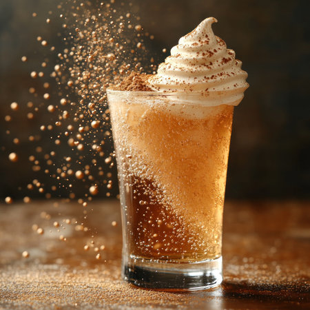 Bubbly drink sits in a glass, adorned with whipped cream and a sprinkle of spices.の素材
