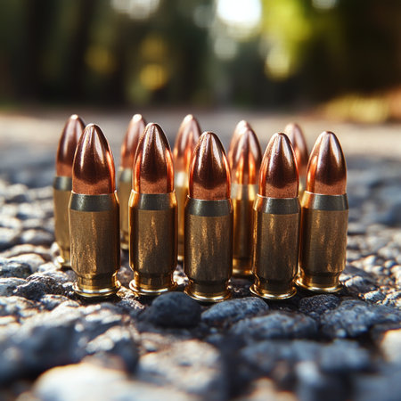 Brightly polished bullets rest on a gravel road, sparkling under the afternoon sun.の素材