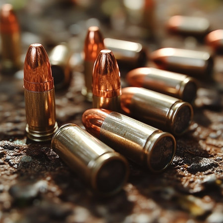 Bullets glimmer in sunlight on a rough earth and stone backdrop.の素材