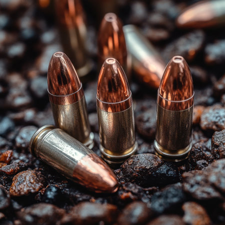 Shimmering bullets rest on gravel, revealing intricate details in the evening light.の素材