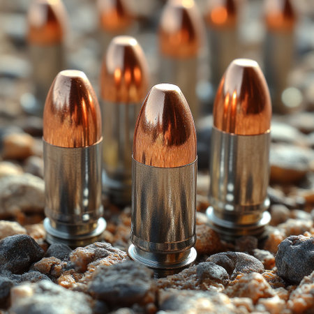 Bullet cartridges with copper tips arranged neatly on gravel under soft sunlight.の素材