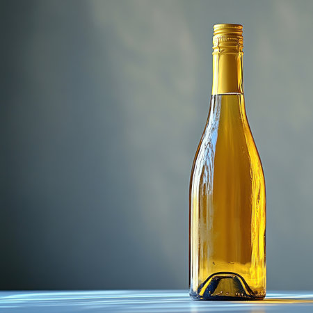 A beautiful glass bottle of wine catches the light in a serene indoor space.の素材