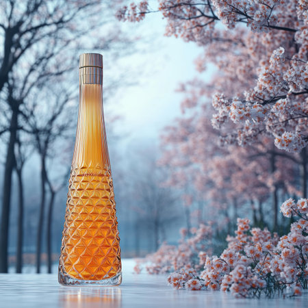 A glass bottle of amber liquid glows next to pink cherry blossoms.の素材