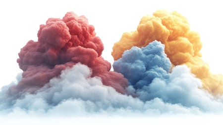 Vivid clouds of red, yellow, and blue create a striking scene against a light sky.の素材