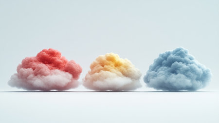 Three colorful clouds in red, yellow, and blue sit peacefully on a white background.の素材