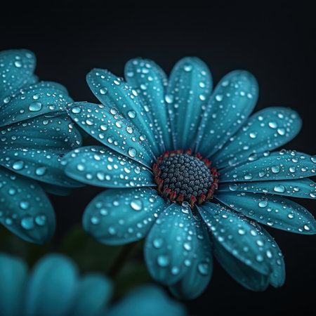 Bright blue flowers sparkle with dewdrops, showing nature's beauty in a dark garden.の素材