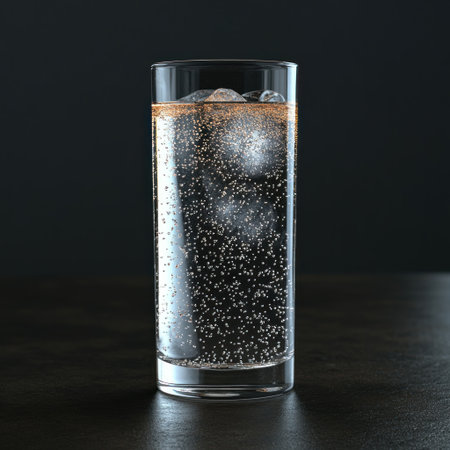 Sipping on a sparkling glass filled with ice and bubbles during a warm evening.の素材