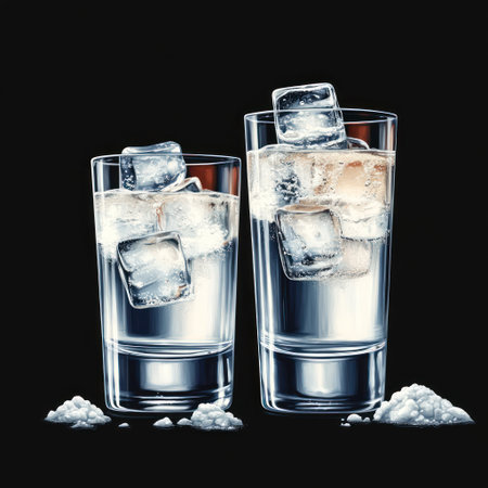 Two elegant glasses with ice showcase a refreshing drink against a black background.の素材