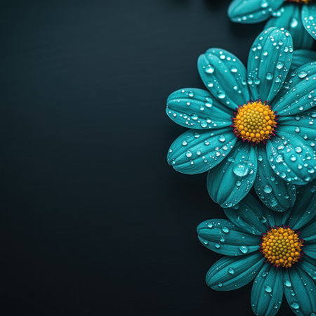 Teal daisies with sparkling water droplets create a stunning visual contrast and charm.の素材