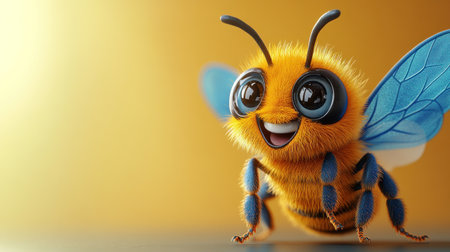 A joyful cartoon bee with large eyes and fluffy fur is posing on a golden backdrop.の素材