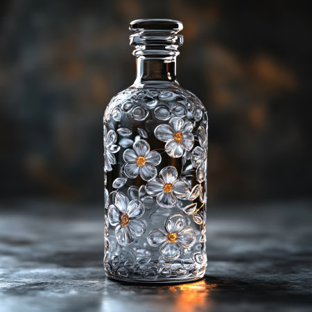 A glass bottle with floral patterns glows elegantly in soft light.の素材