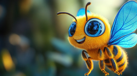 A cheerful cartoon bee hovers above green plants, enjoying a sunny day in the garden.の素材