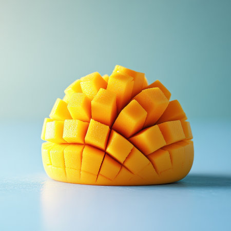 Cubed mango pieces create a striking design against a light blue backdrop.の素材
