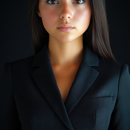 Young professional in a sleek black suit, minimal makeup, and straight hair.の素材
