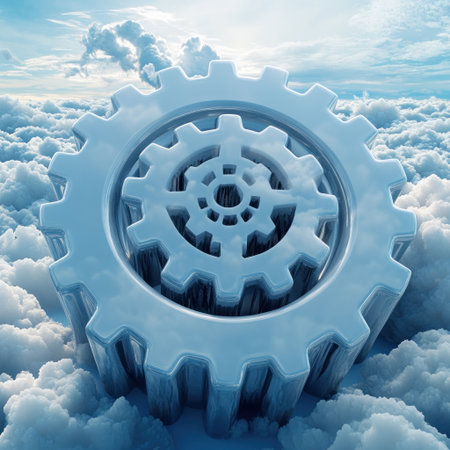 Massive frosted gears float just above a sea of white clouds, creating a dreamlike scene.の素材