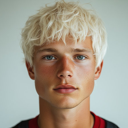 A confident youth with platinum blonde hair and striking blue eyes gazes at you.の素材