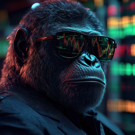 A stylish gorilla in sunglasses reviews stock market data in a suit.の素材