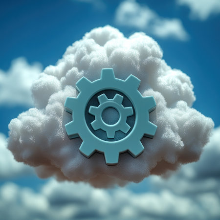 A gear symbol rests on a fluffy cloud against a vibrant blue sky with gentle clouds.の素材