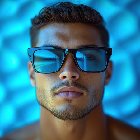 A man wearing sunglasses poses confidently against a stunning blue backdrop.の素材