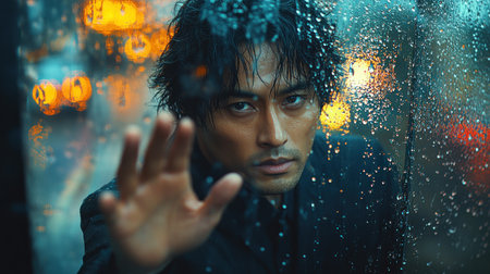 A man dressed in a dark suit reaches towards a rain streaked window, lost in thought.の素材