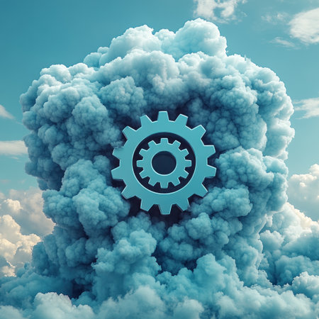 A striking scene of clouds swirling around a giant gear shape in the evening sky.の素材