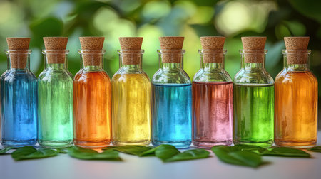 Colorful bottles filled with liquids are lined up next to green leaves.の素材