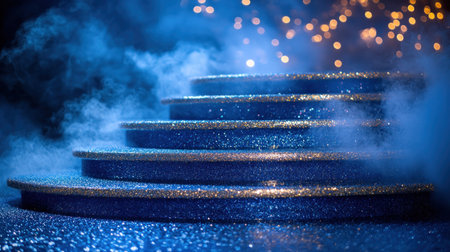 Glittering steps rise amidst a dreamy haze, surrounded by warm, twinkling lights.の素材