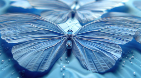 Blue butterflies rest on a smooth blue surface, their wings detailed with droplets.の素材