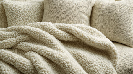 Soft blankets and fluffy pillows create a cozy atmosphere for relaxation and comfort.の素材