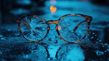Shattered glasses rest on a shimmering surface, capturing blue lights in a rainy street.の素材