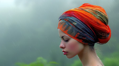 A young woman with a colorful headscarf enjoys the gentle rain in nature.の素材
