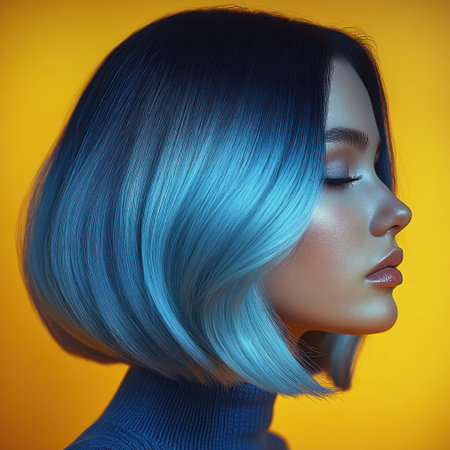 A stunning model sports a chic blue bob against a vibrant yellow background.の素材