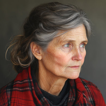 An older woman in a red plaid scarf reflects with deep thoughts and a serene expression.の素材