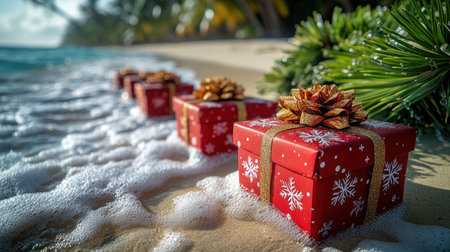 Brightly wrapped gifts line the beach as soft waves lap at the sunny shore.の素材