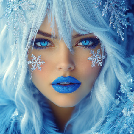 A model showcases winter elegance with icy makeup and a dreamy blue fur outfit.の素材