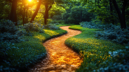 A golden path meansders through a lush forest during a tranquil sunset.の素材