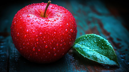 A fresh red apple rests on dark wood, glistening with droplets of dew in soft light.の素材