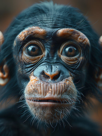 A young chimpanzee watches intently, showing its expressive eyes during daytime.の素材